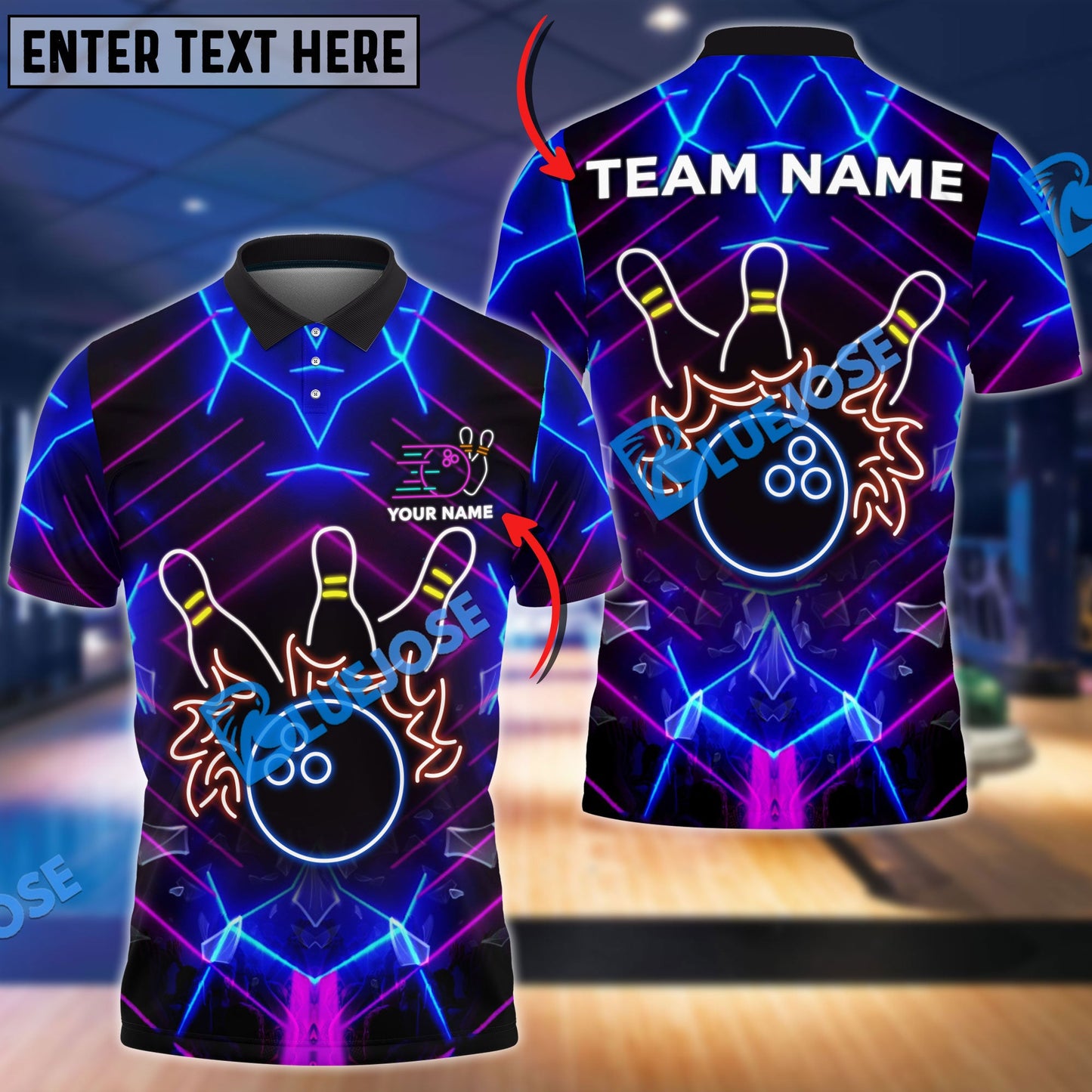 Frenzideas Bowling And Pins Neon Light Style Customized Name, Team Name 3D Shirt