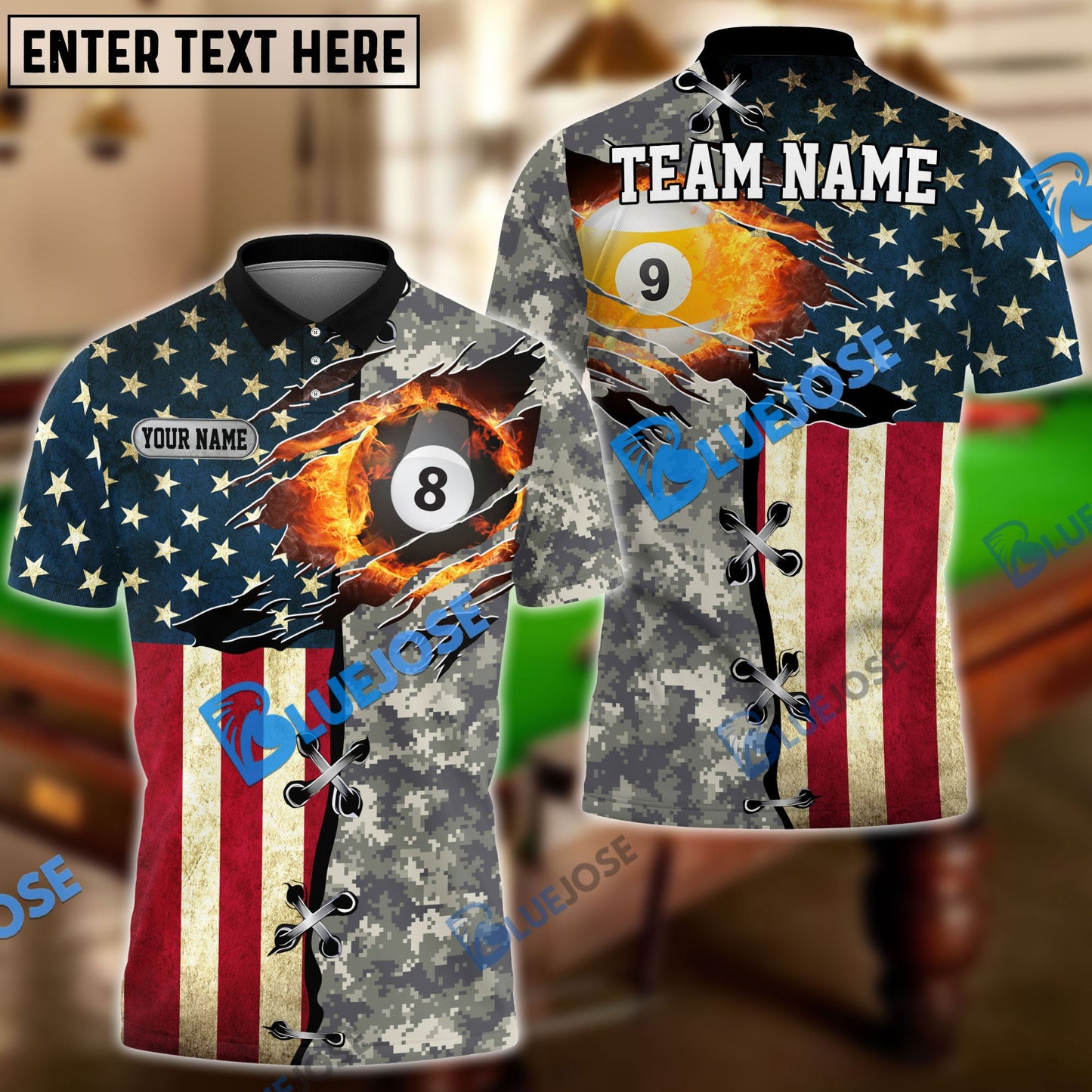 frenzidea Billiards Ball 8 And 9 American Flag Camo Personalized Name, Team Name Unisex Shirt ( 4 Colors )