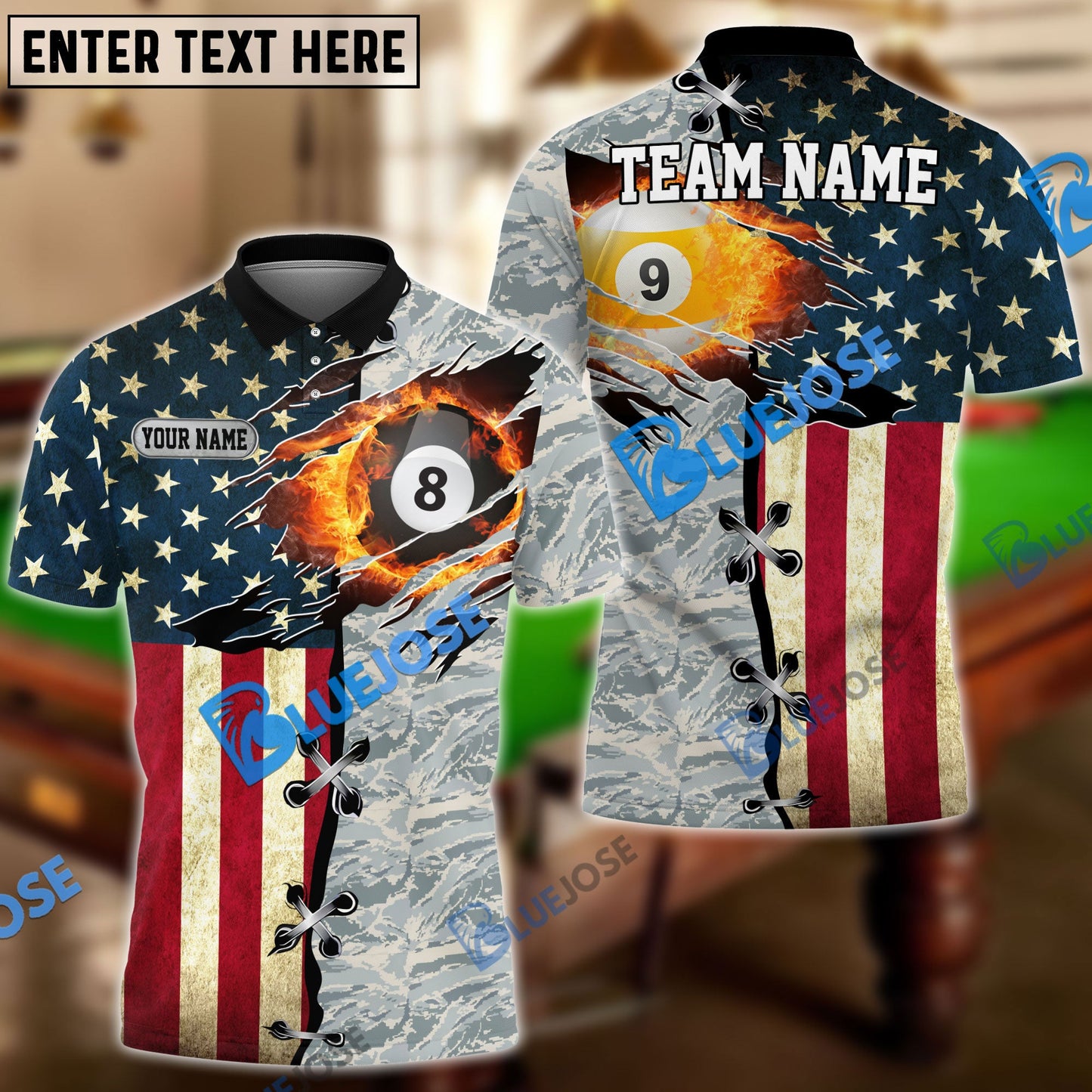 frenzidea Billiards Ball 8 And 9 American Flag Camo Personalized Name, Team Name Unisex Shirt ( 4 Colors )