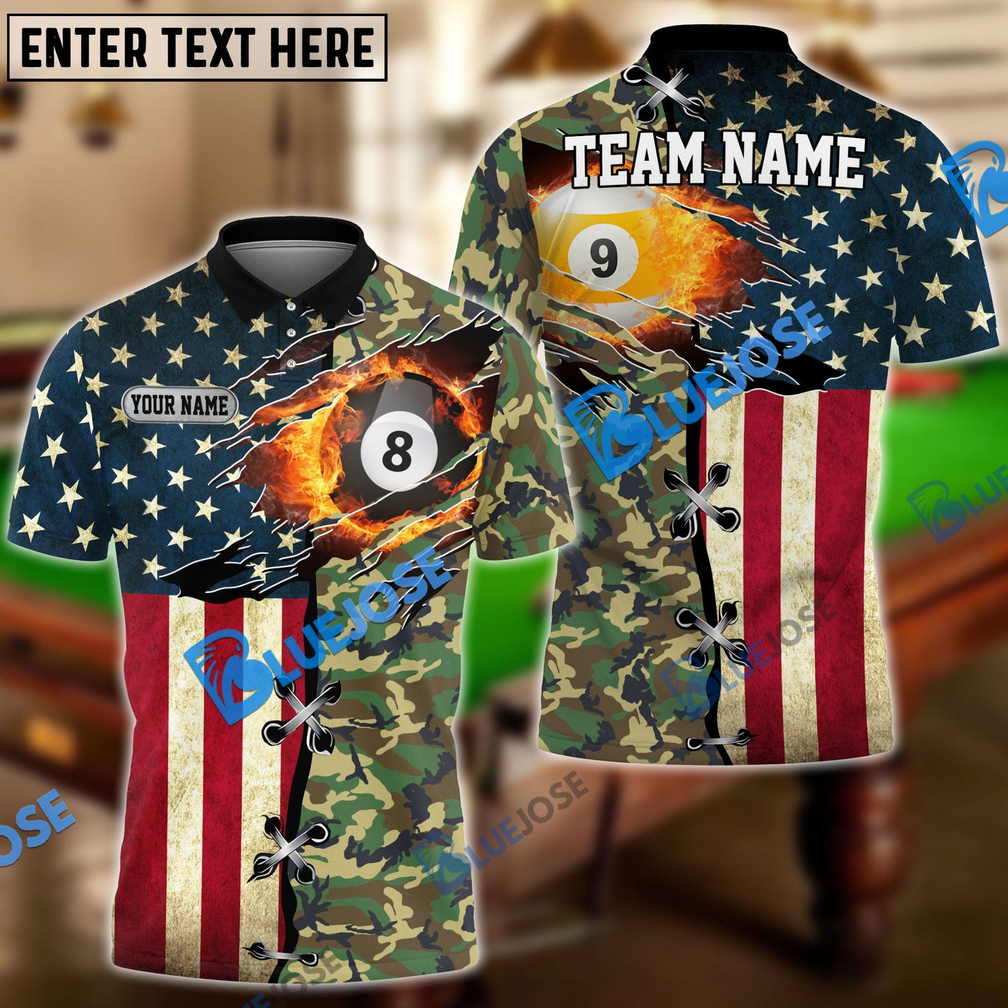 frenzidea Billiards Ball 8 And 9 American Flag Camo Personalized Name, Team Name Unisex Shirt ( 4 Colors )