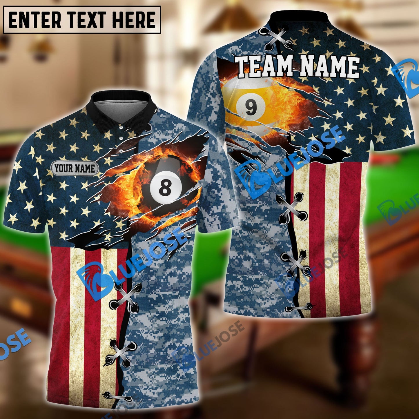 frenzidea Billiards Ball 8 And 9 American Flag Camo Personalized Name, Team Name Unisex Shirt ( 4 Colors )