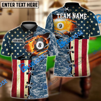 frenzidea Billiards Ball 8 And 9 American Flag Camo Personalized Name, Team Name Unisex Shirt ( 4 Colors )