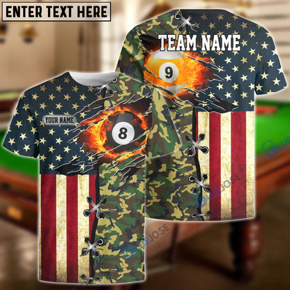 frenzidea Billiards Ball 8 And 9 American Flag Camo Personalized Name, Team Name Unisex Shirt ( 4 Colors )