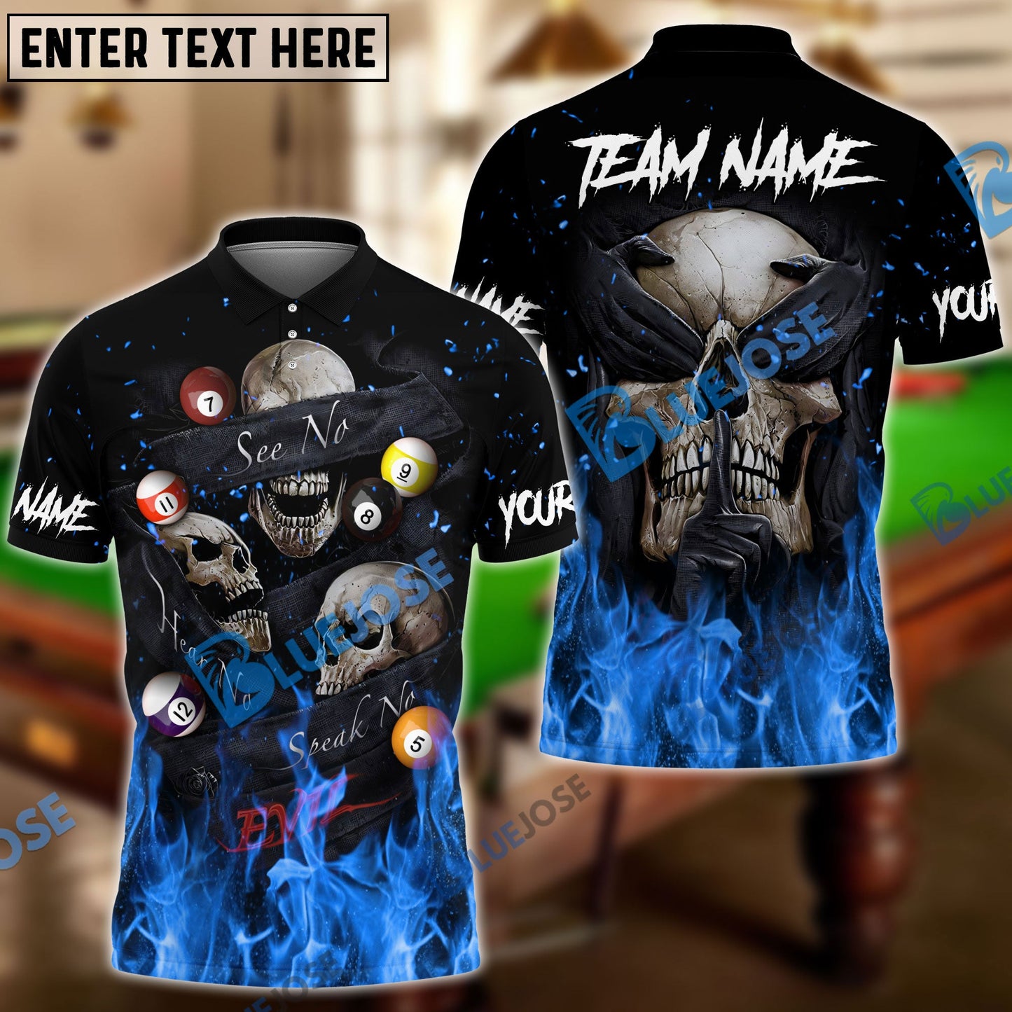 frenzidea Billiards Flaming Blinding Skull Personalized Name, Team Name Unisex Shirt ( 6 Colors )