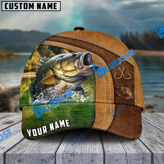 Frenzidea Personalized Large Mouth Bass Fishing Leather Pattern Classic Cap