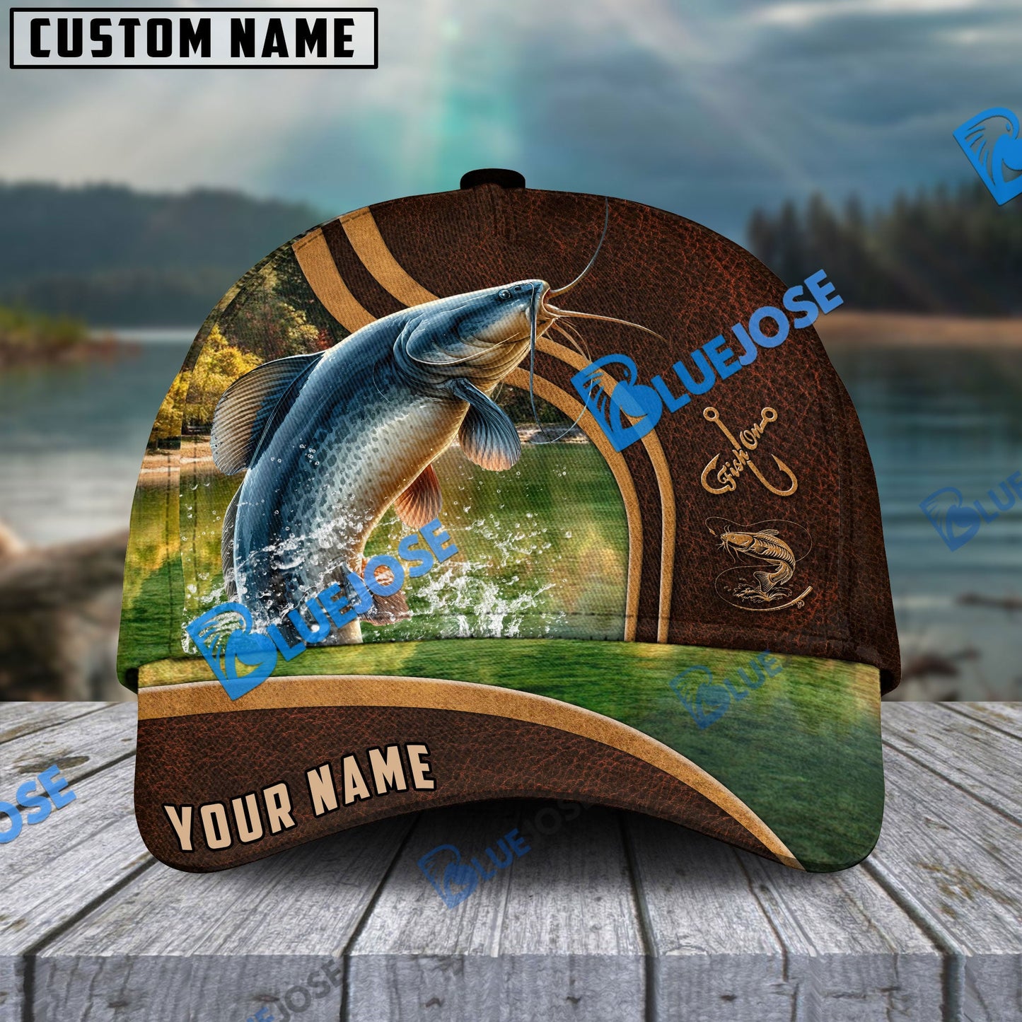Frenzidea Personalized Catfish Fishing Heavy Brown Leather Pattern Classic Cap
