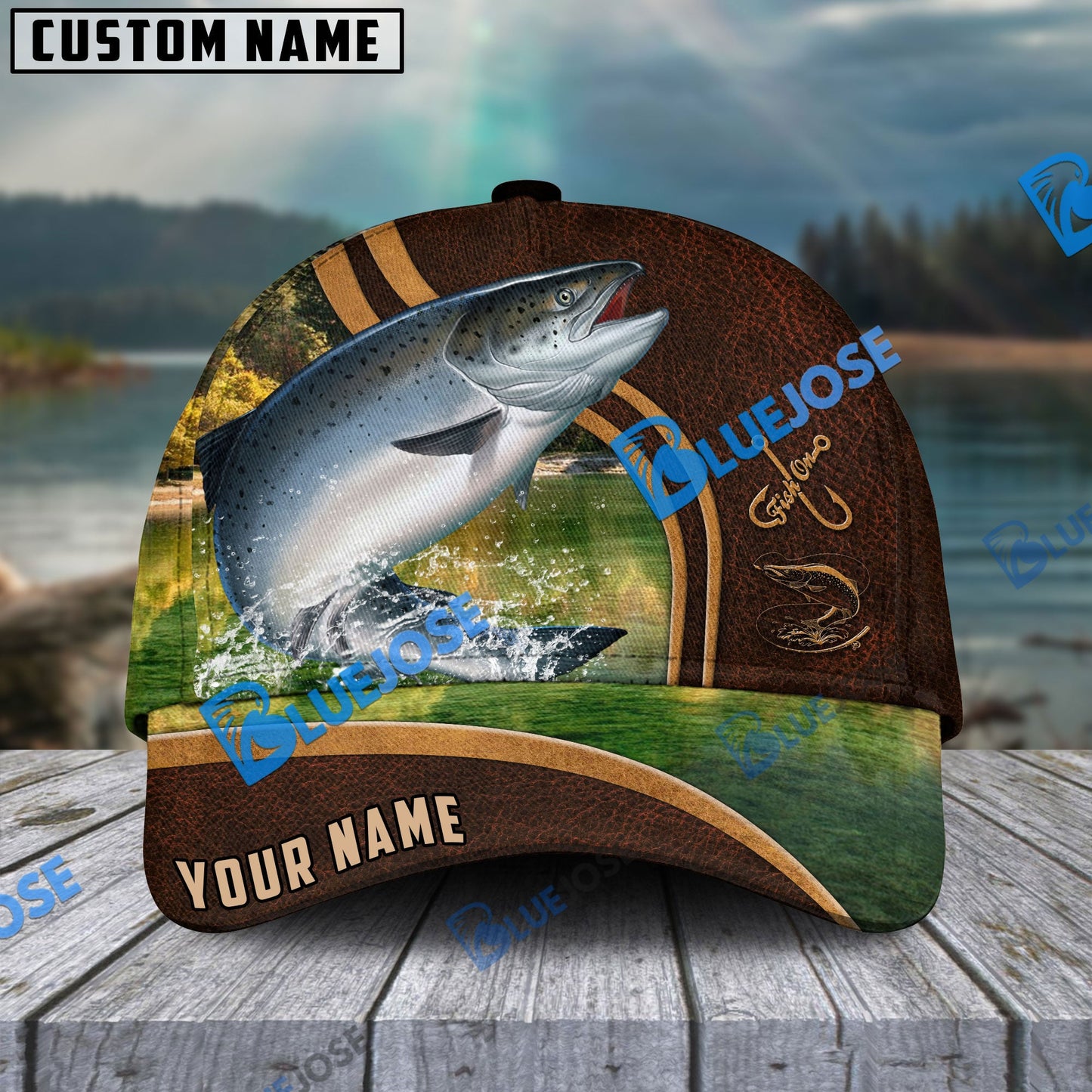 Frenzidea Personalized Salmon Fishing Heavy Brown Leather Pattern Classic Cap