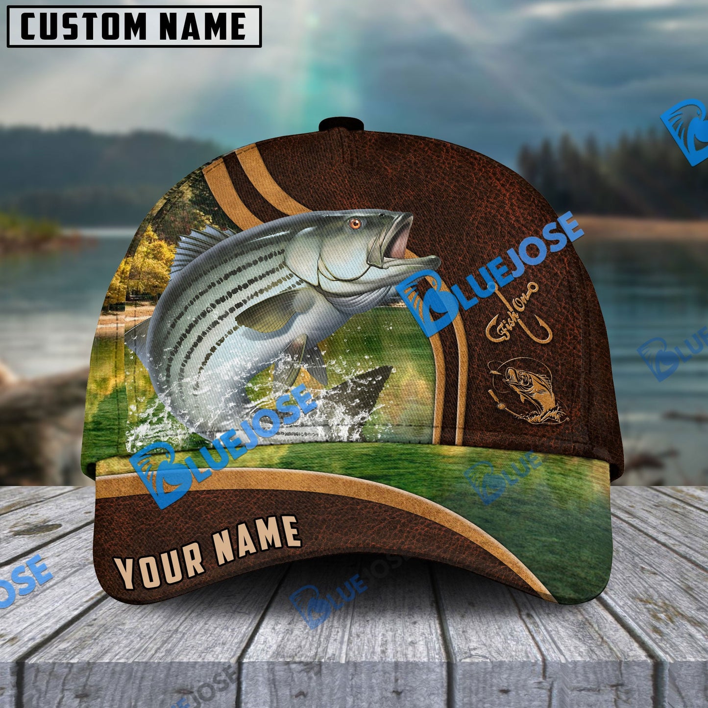 Frenzidea Personalized Striped Bass Fishing Heavy Brown Leather Pattern Classic Cap