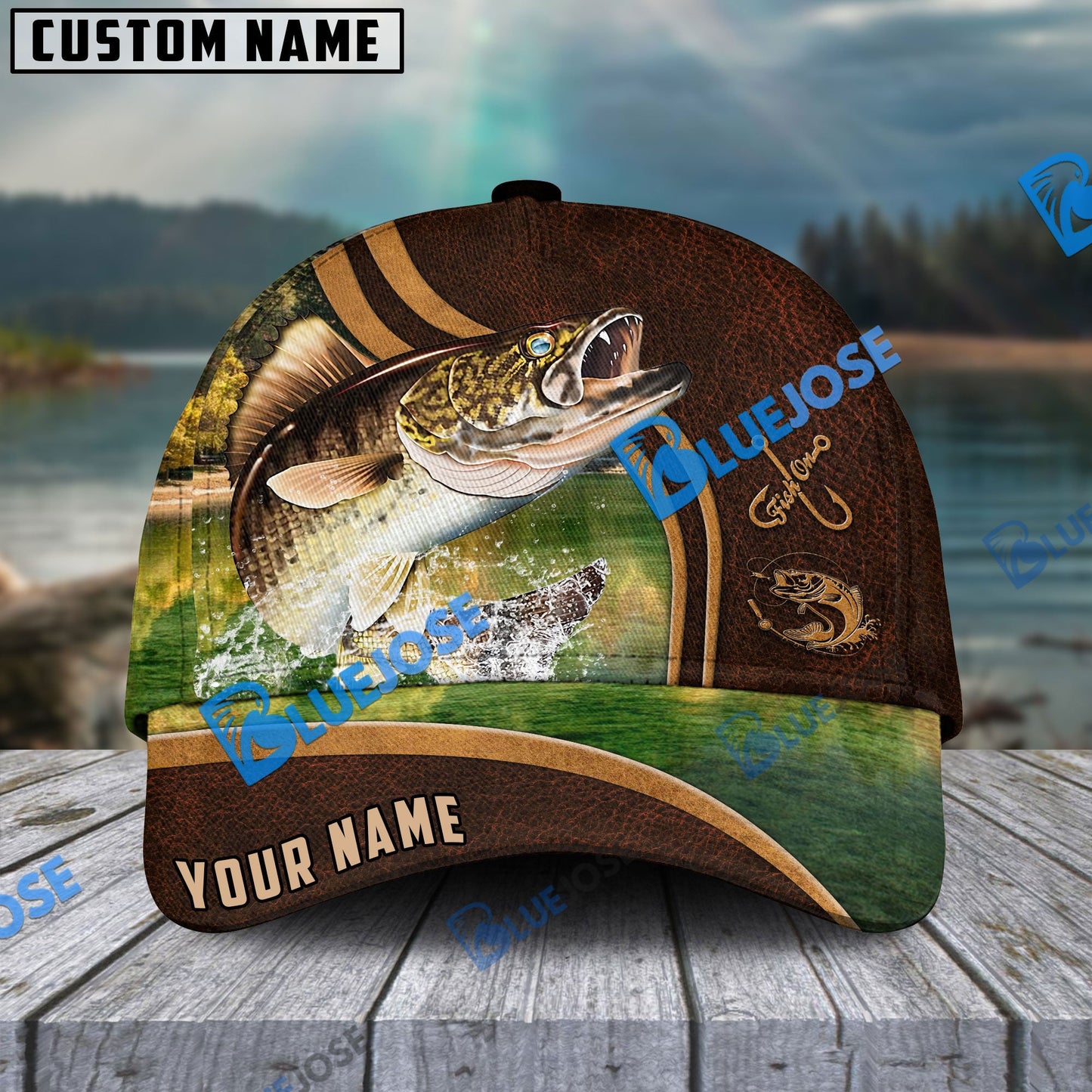 Frenzidea Personalized Walleye Fishing Heavy Brown Leather Pattern Classic Cap