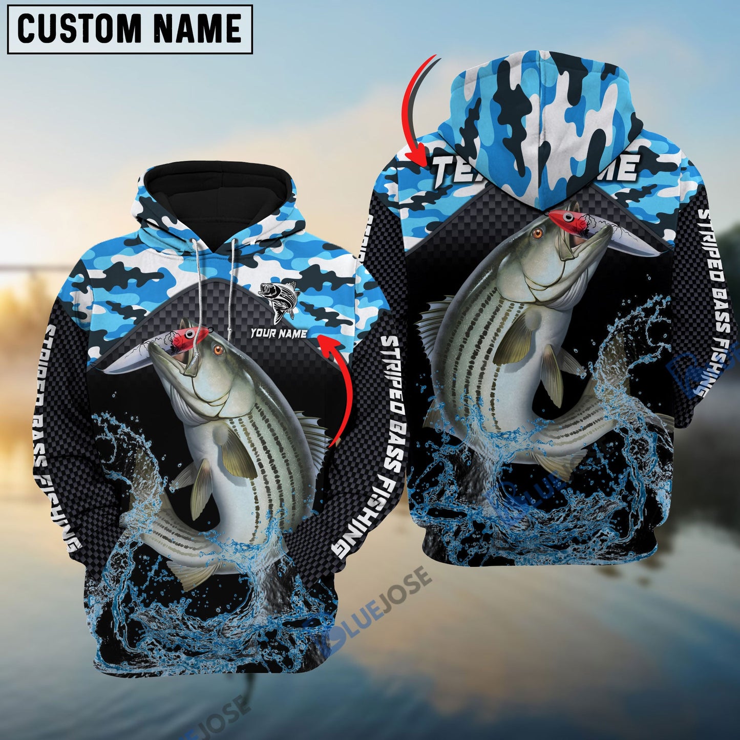 frenzidea Striped Bass Fishing Blue Camo Sport Custom Name & Team Name 3D Shirts