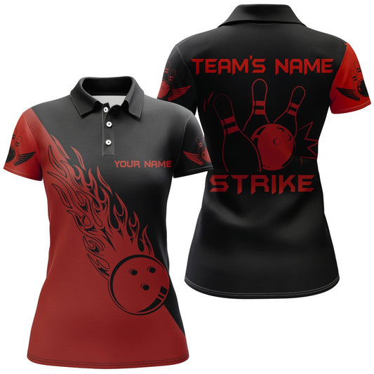 Frenzidea Red Strike Bowling Premium Customized Name 3D Shirt For Women