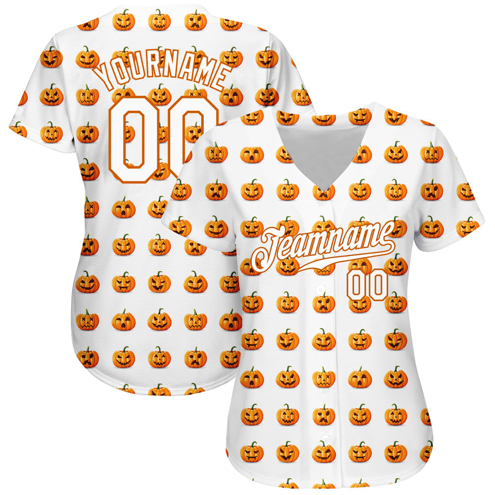 Frenzidea Custom White White-Texas Orange 3D Pattern Design Halloween Pumpkins Funny Faces Baseball Jersey