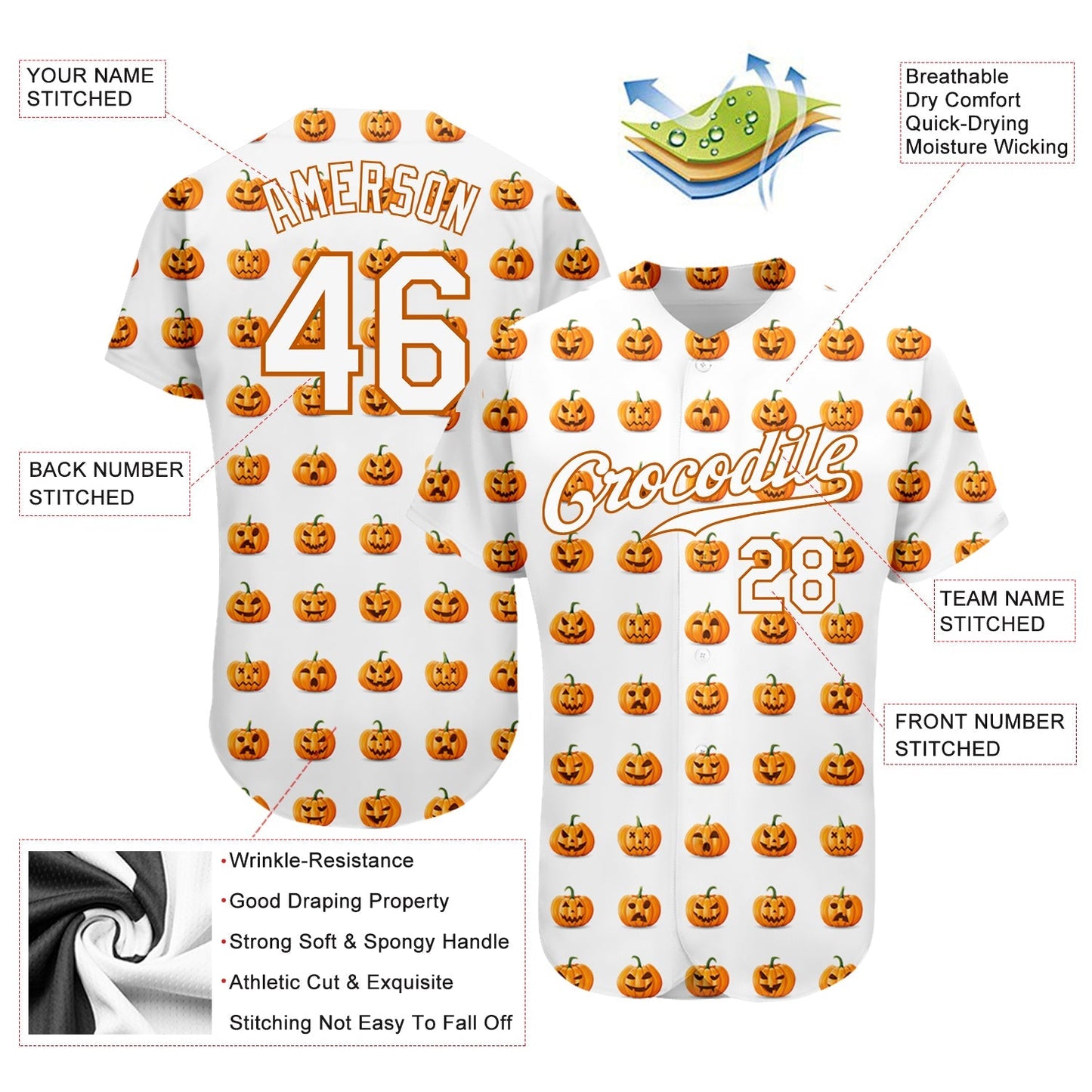 Frenzidea Custom White White-Texas Orange 3D Pattern Design Halloween Pumpkins Funny Faces Baseball Jersey