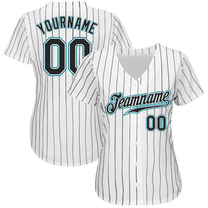 Frenzidea Custom White Black Pinstripe Black-Teal Authentic Baseball Jersey