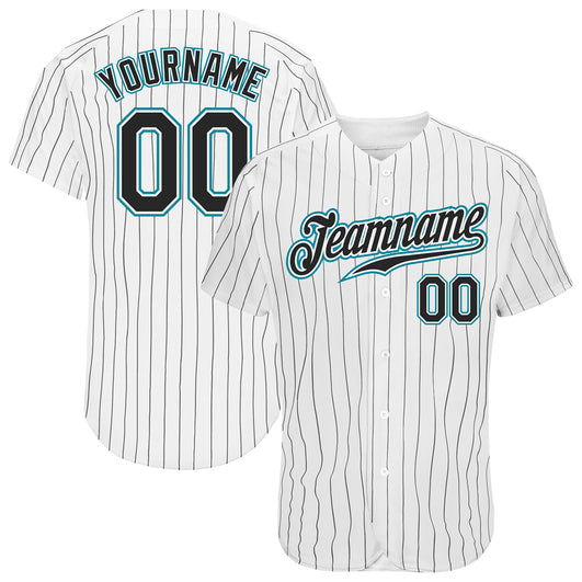 Frenzidea Custom White Black Pinstripe Black-Teal Authentic Baseball Jersey