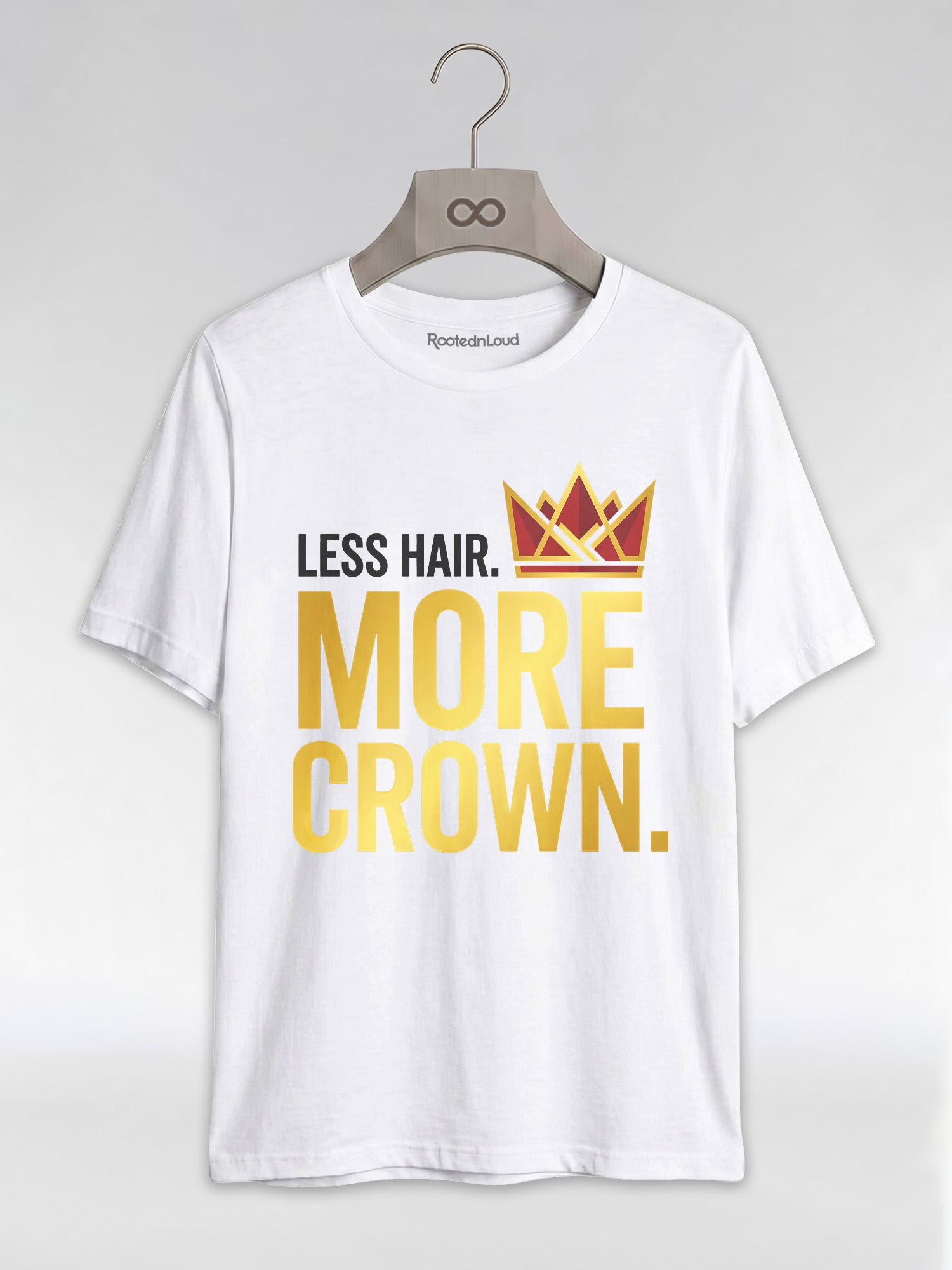Bald & Proud: Less Hair More Crown Golden Typography Graphic T-Shirt - RootednLoud