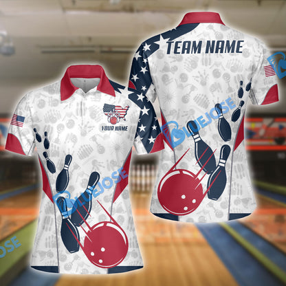 Frenzidea Bowling And Pins American Flag Customized Name, Team Name 3D Shirt (4 Options)