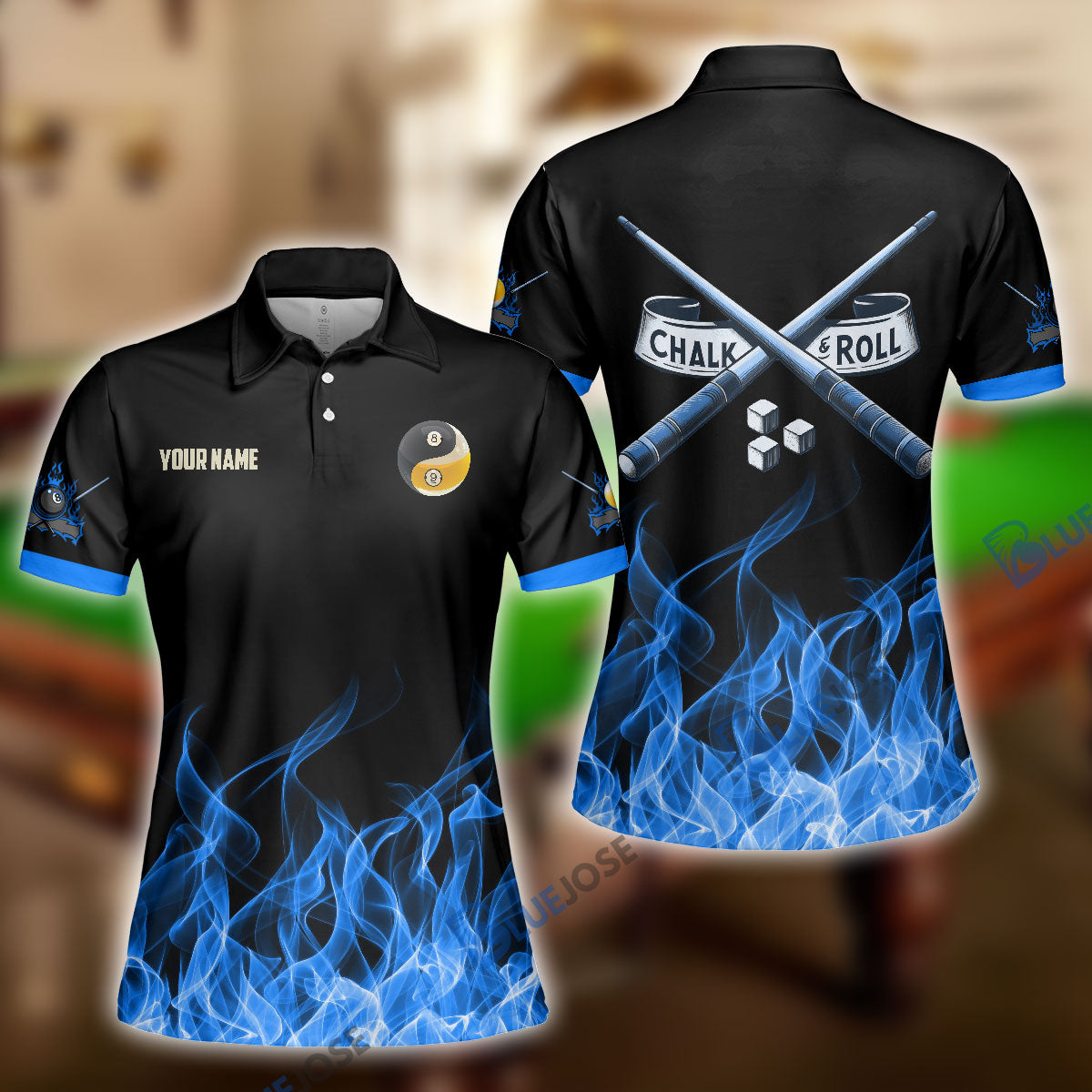 Frenzidea Billiards 8-Ball & 9-Ball Fire Pattern Blue Shirt