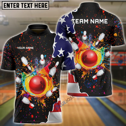 Frenzideas Bowling And Pins Colorful Paint Flag Personalized Name Team Name 3D Shirt