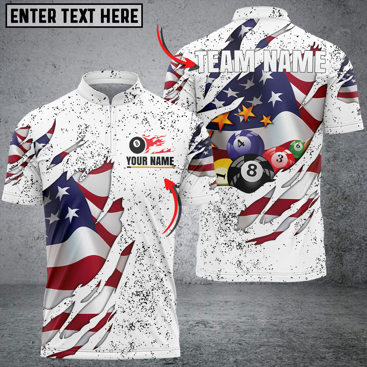 Frenzidea Billiards USA Flag White Personalized Name, Team Name Unisex Shirt