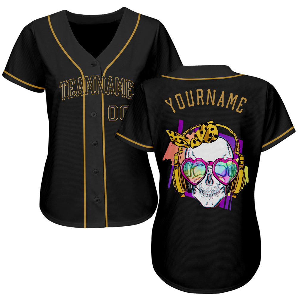 Frenzidea Custom Black Black-Old Gold Skull Fashion Baseball Jersey