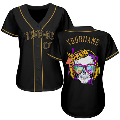 Frenzidea Custom Black Black-Old Gold Skull Fashion Baseball Jersey