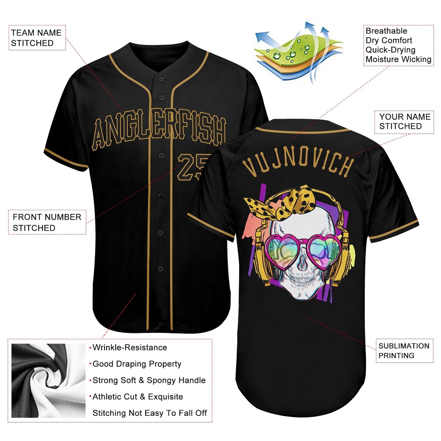 Frenzidea Custom Black Black-Old Gold Skull Fashion Baseball Jersey