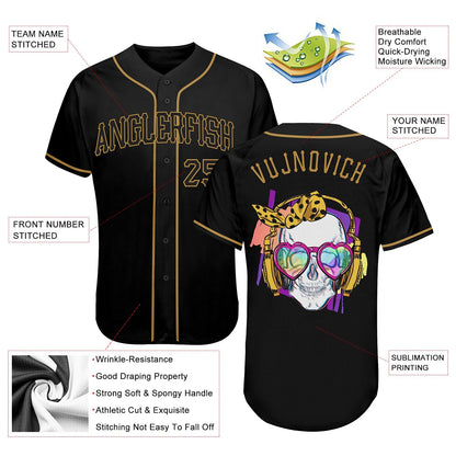 Frenzidea Custom Black Black-Old Gold Skull Fashion Baseball Jersey