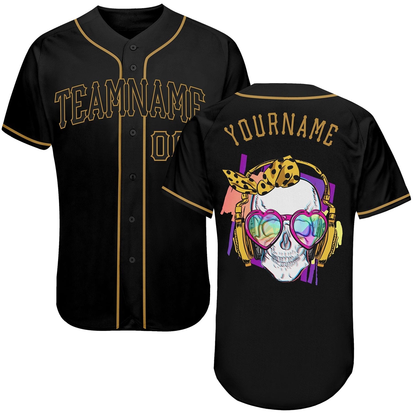 Frenzidea Custom Black Black-Old Gold Skull Fashion Baseball Jersey