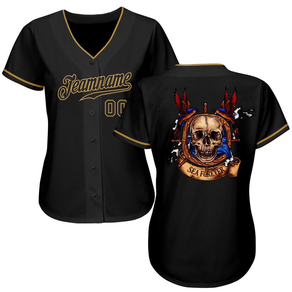 Frenzidea Custom Black Black-Old Gold Skull Fashion Baseball Jersey