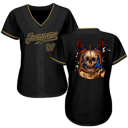 Frenzidea Custom Black Black-Old Gold Skull Fashion Baseball Jersey