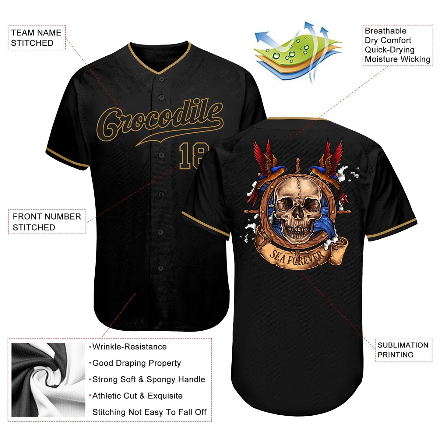 Frenzidea Custom Black Black-Old Gold Skull Fashion Baseball Jersey
