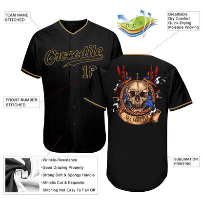 Frenzidea Custom Black Black-Old Gold Skull Fashion Baseball Jersey