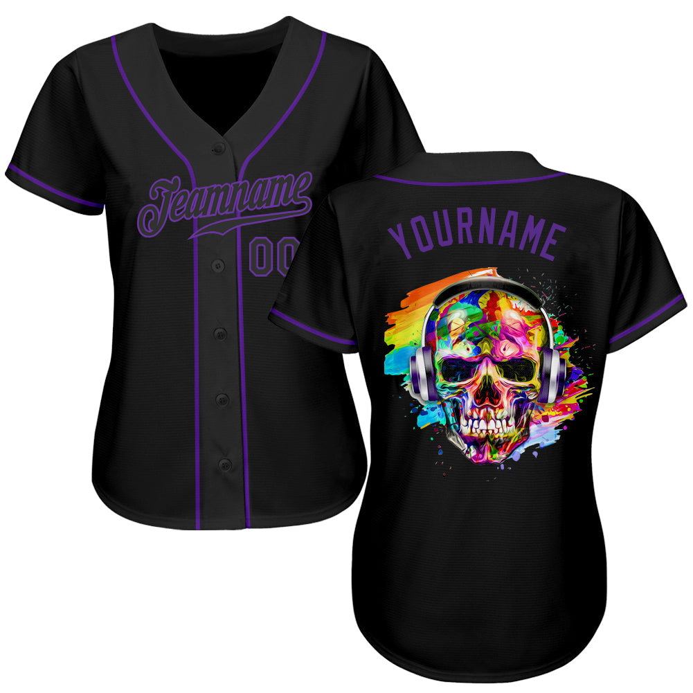 Frenzidea Custom Black Black-Purple Authentic Skull Fashion Baseball Jersey