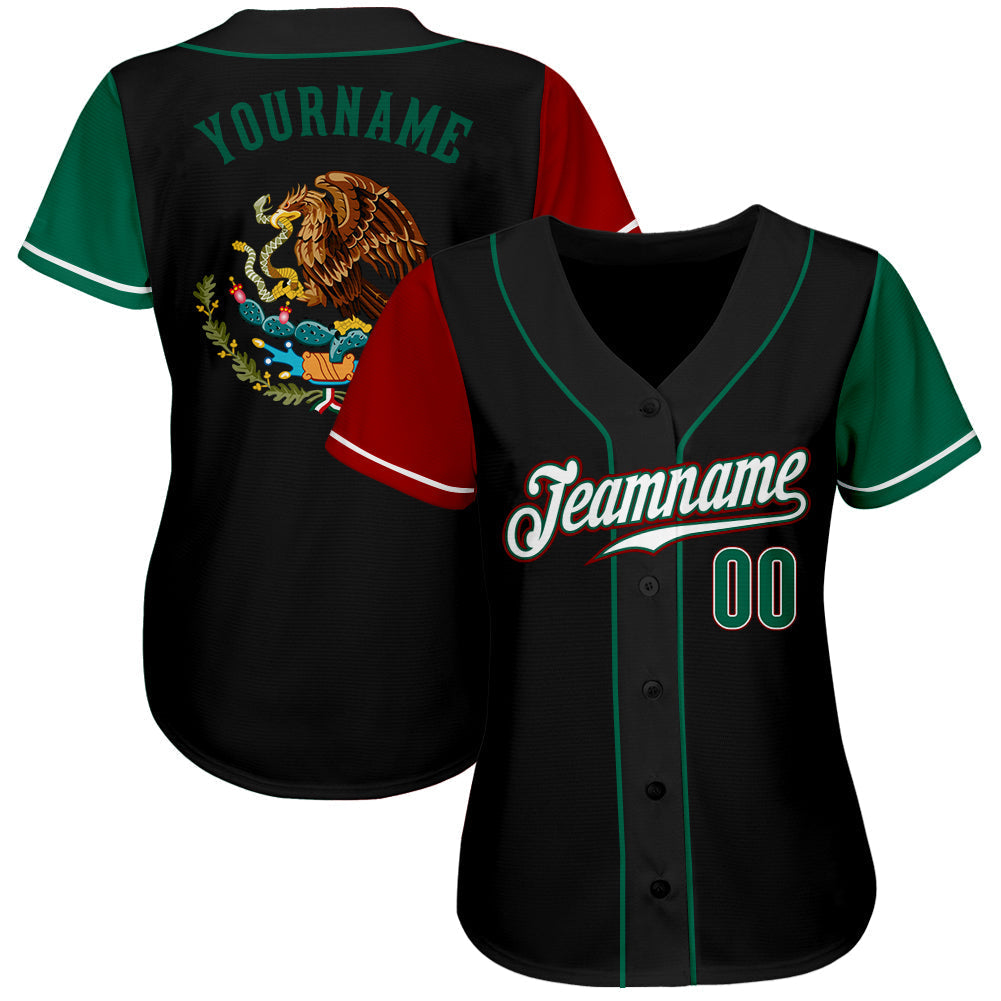Frenzidea Custom Black Kelly Green-Red Authentic Mexico Two Tone Baseball Jersey