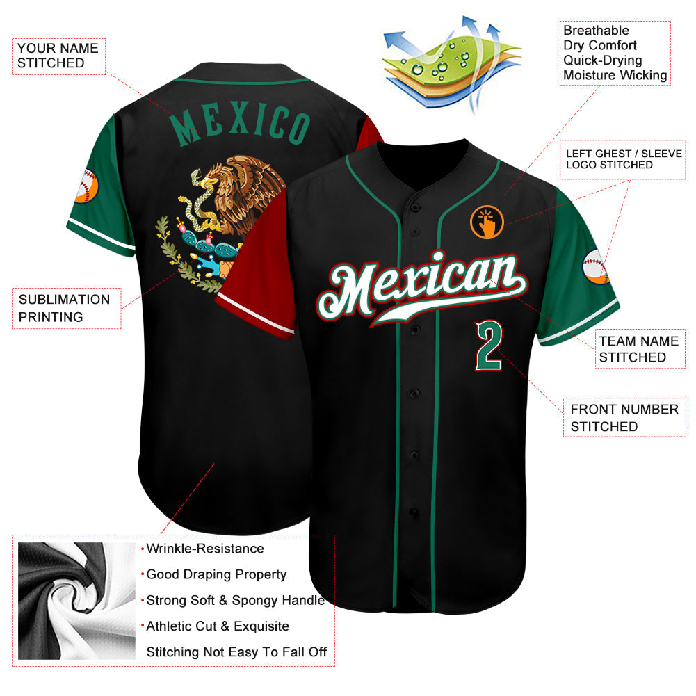 Frenzidea Custom Black Kelly Green-Red Authentic Mexico Two Tone Baseball Jersey