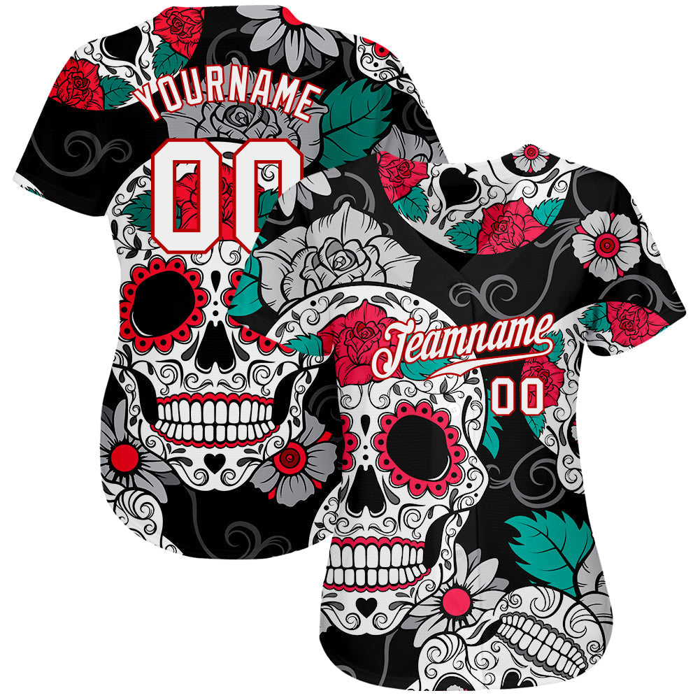 Frenzidea Custom Black White-Red 3D Skull Fashion Baseball Jersey