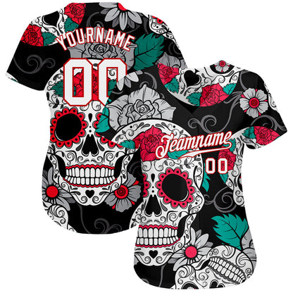 Frenzidea Custom Black White-Red 3D Skull Fashion Baseball Jersey