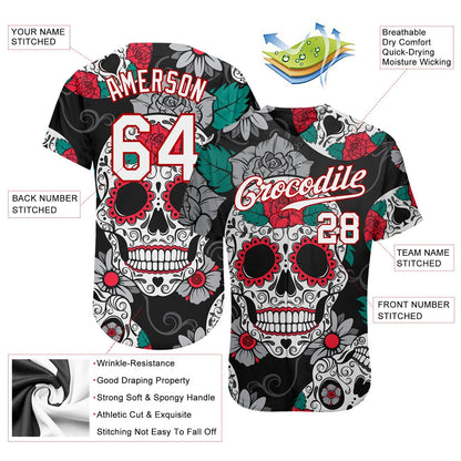 Frenzidea Custom Black White-Red 3D Skull Fashion Baseball Jersey