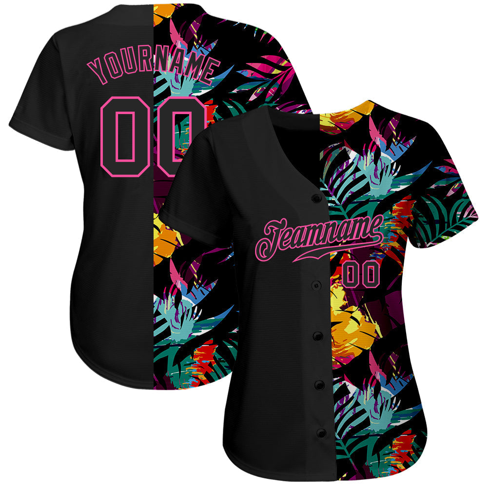 Frenzidea Custom Black Black-Pink 3D Pattern Design Tropical Palm Leaves Authentic Baseball Jersey