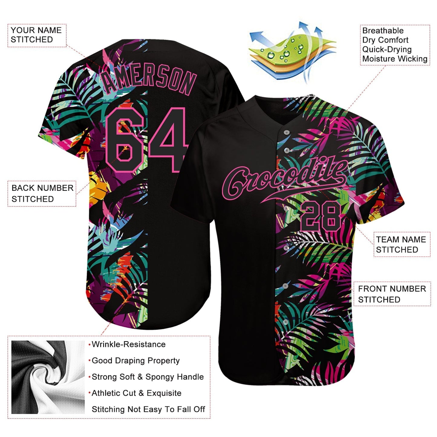 Frenzidea Custom Black Black-Pink 3D Pattern Design Tropical Palm Leaves Authentic Baseball Jersey