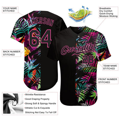 Frenzidea Custom Black Black-Pink 3D Pattern Design Tropical Palm Leaves Authentic Baseball Jersey