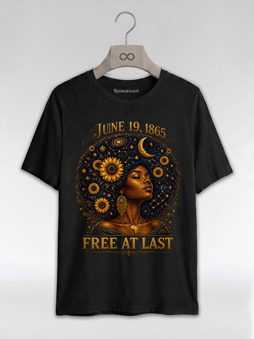 Free At Last Juneteenth: Celestial Afro Melanin Queen Graphic T-Shirt - RootednLoud
