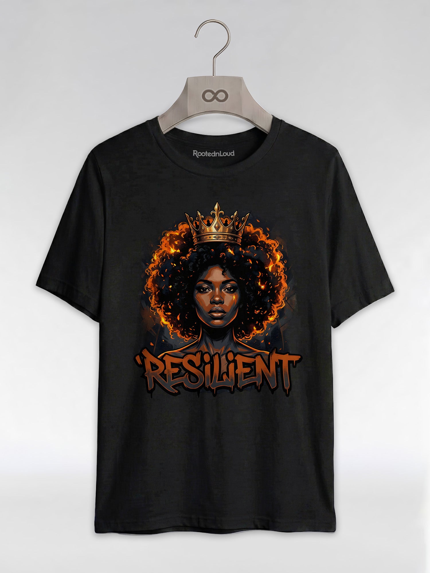 Resilient Black Queen: Fire Afro Crown Graphic T-Shirt - RootednLoud