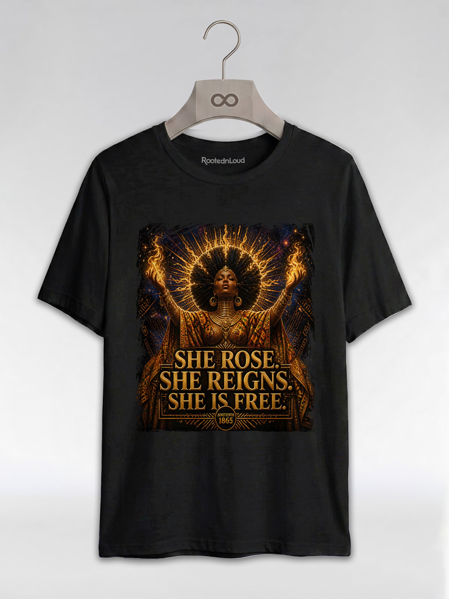 She Rose She Reigns She Is Free: Juneteenth Goddess Graphic T-Shirt - RootednLoud