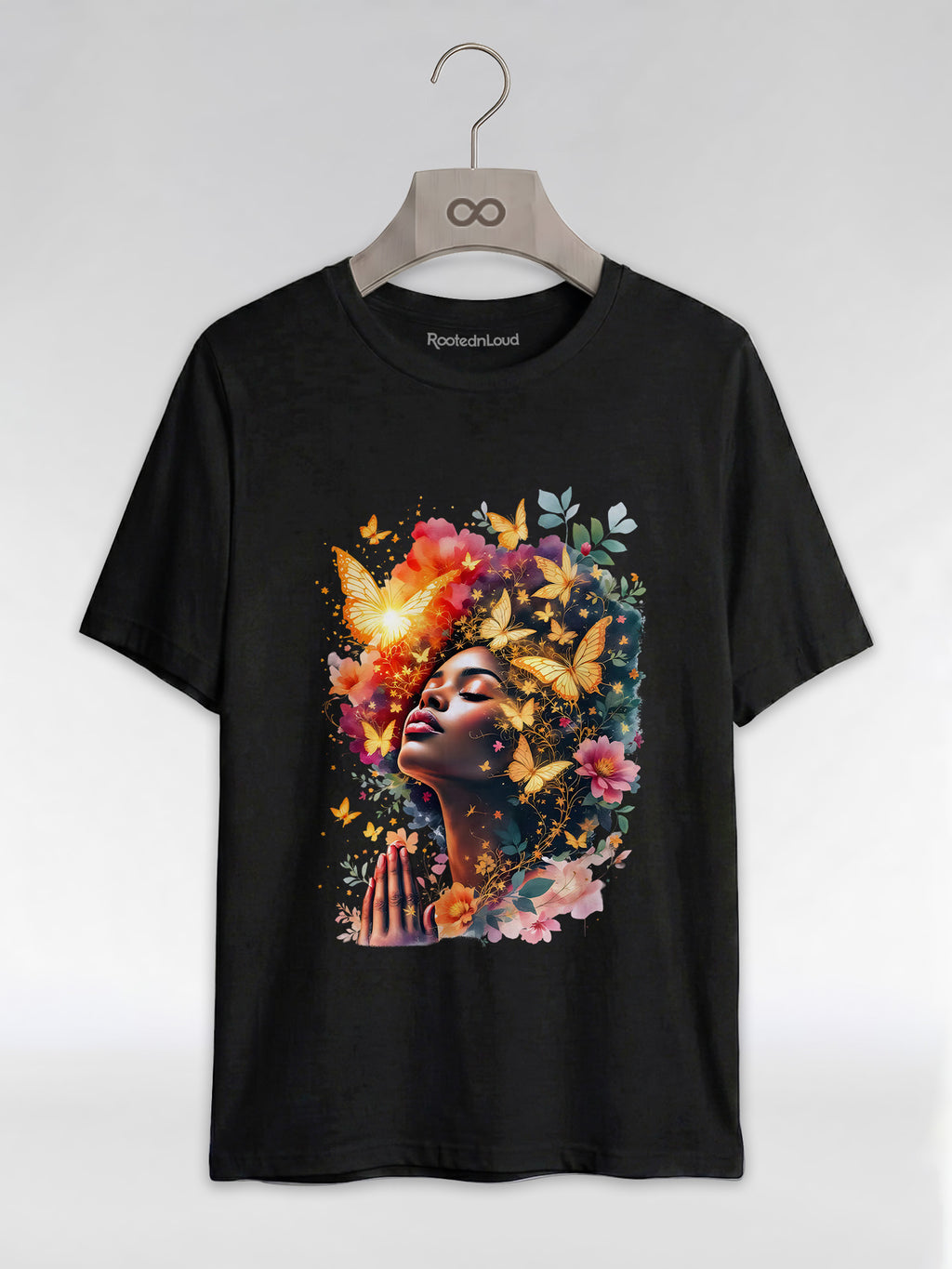 Praying Black Queen: Ethereal Floral Butterfly Graphic T-Shirt - RootednLoud