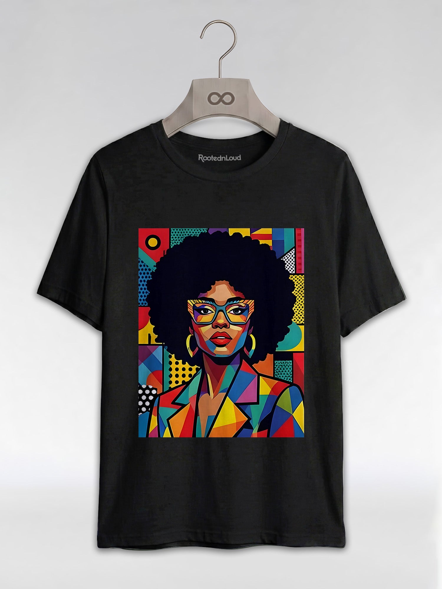 Black Queen Pop Art: Geometric Afro Portrait Graphic T-Shirt - RootednLoud