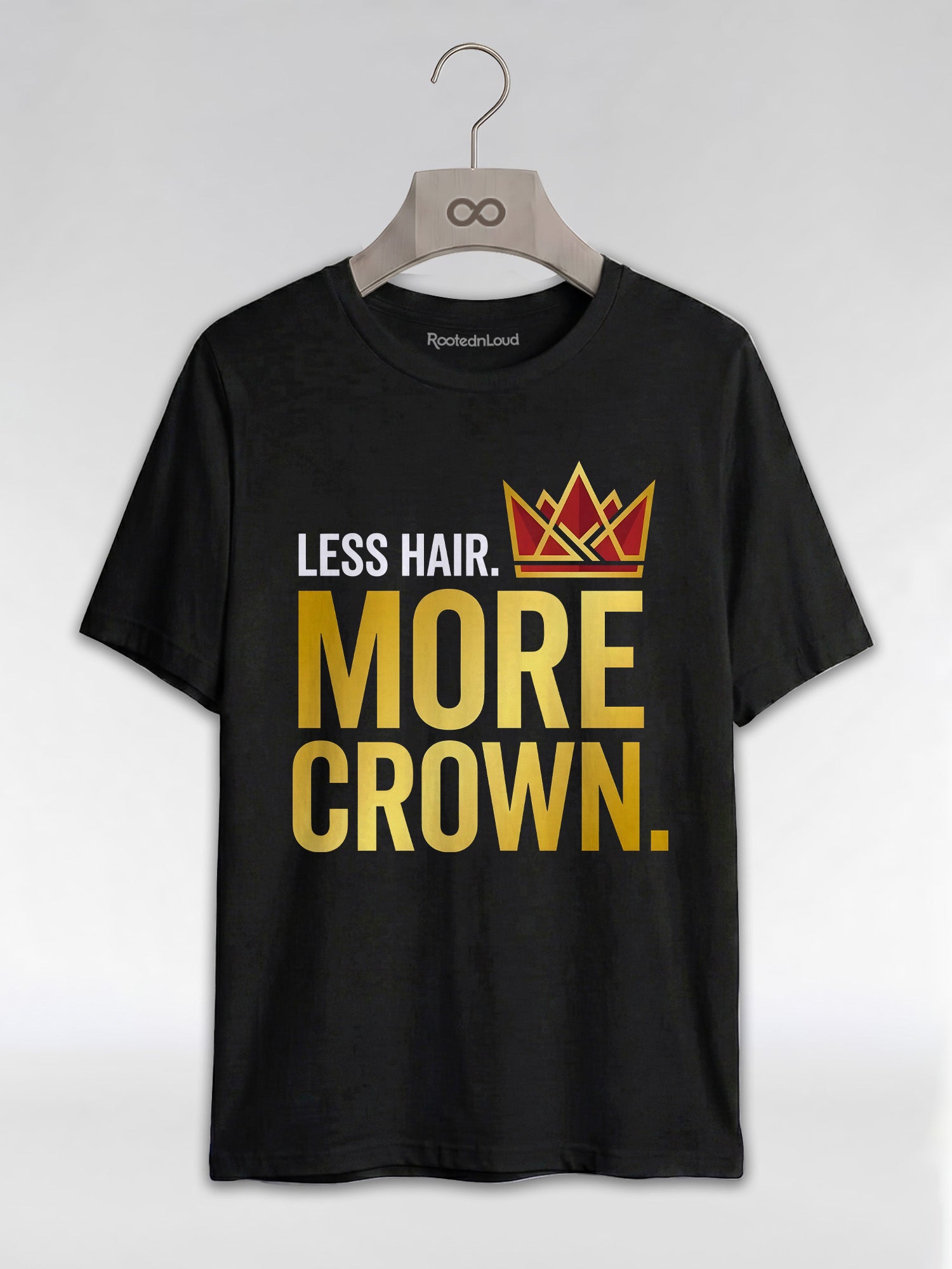Bald & Proud: Less Hair More Crown Golden Typography Graphic T-Shirt - RootednLoud