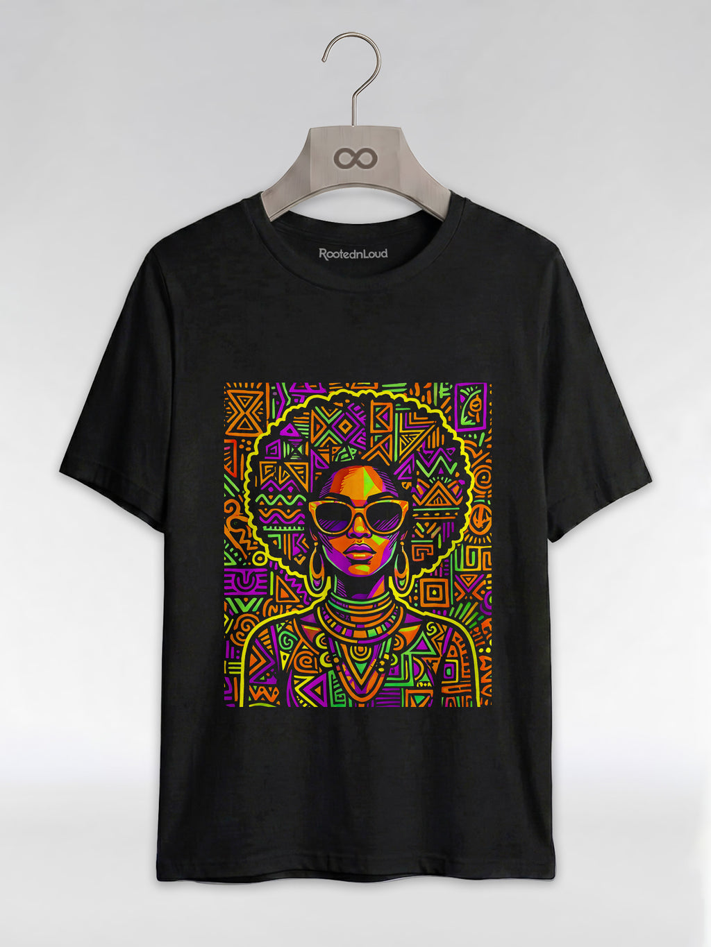 Neon Tribal Queen: Afrocentric Pop Art Black Woman Graphic T-Shirt - RootednLoud