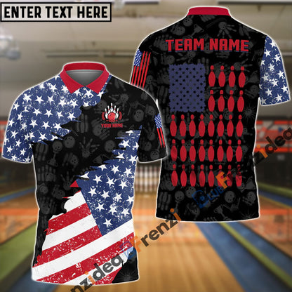 frenzideas Bowling And Pins US Flag Bowling Pattern Customized Name, Team Name 3D Shirt (Black & White)